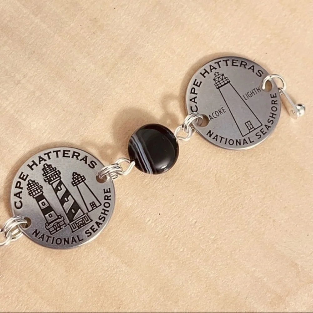 Mixed Metal Lighthouse Black Agate Statement Bracelet 7.5β Travel Vacation - Picture 4 of 8